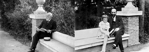 Santiago Ramón y Cajal a la Residencia de Estudiantes, Madrid, fotograma del documental ¿Qué es España?, de Luis Araquistáin, 1929. Dreta, Juan Ramón Jiménez amb una nena, probablement la seva neboda Inés Camprubí, al banc dissenyat per Javier de Winthuysen i finançat pel duc d'Alba, a l'entrada de la Residencia de Estudiantes, Madrid, estiu de 1924; vista del reg de la Residencia de Estudiantes, cap a 1917. Santiago Ramón y Cajal a la Residencia de Estudiantes, Madrid, fotograma del documental ¿Qué es España?, de Luis Araquistáin, 1929. Dreta, Juan Ramón Jiménez amb una nena, probablement la seva neboda Inés Camprubí, al banc dissenyat per Javier de Winthuysen i finançat pel duc d'Alba, a l'entrada de la Residencia de Estudiantes, Madrid, estiu de 1924; vista del reg de la Residencia de Estudiantes, cap a 1917.