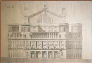 Fachada a la plaza de Isabel II. Proyecto de consolidaci&oacute;n 
y reforma del Teatro Real de Madrid, 1926.  
Aguada sobre papel, 128 x 183 cm. 
Colecci&oacute;n particular, Madrid