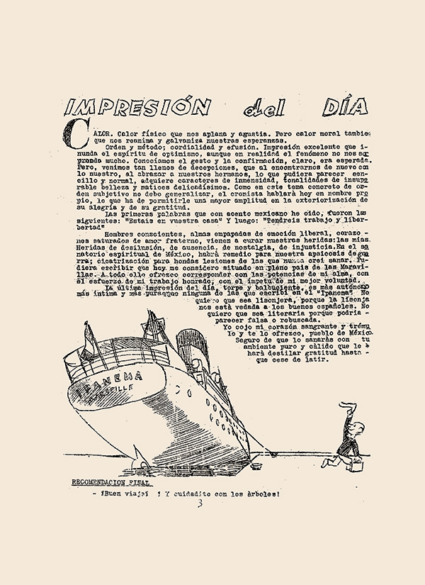 “Impresión del Día”, de los «Diarios de a bordo». Llegada del barco «Ipanema» al puerto de Veracruz. Archivo del Ateneo Español de México
