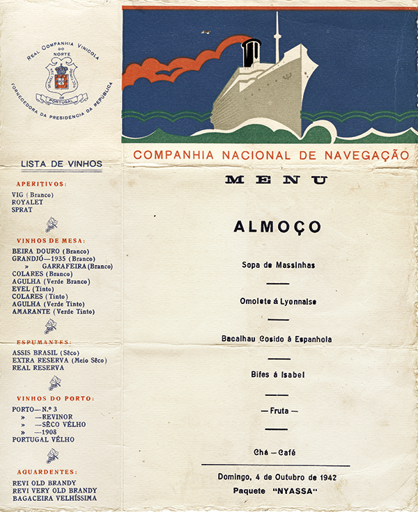 Menú de a bordo del vapor «Nyassa» del 4 de octubre de 1942. Archivo personal de Aida Pérez Flores Valdés.