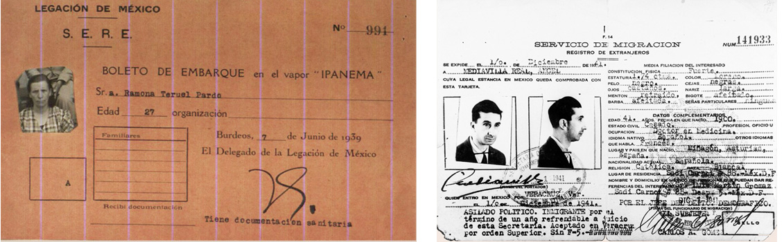 A la izquierda, tarjeta de embarque de Ramona Teruel Pardo. Archivo del Ateneo Español de México. Y a la derecha, documento migratorio como asilado político a nombre de D. Ángel Mediavilla Real, quien llegó en 1941 a bordo del barco «Quiança». Archivo del Ateneo Español de México. Expediente personal de Ángel Mediavilla Real.