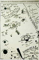 Fragmento de &laquo;Universo de la literatura espa&ntilde;ola contempor&aacute;nea&raquo;, dibujo reproducido en el libro Carteles, de Gec&eacute; [Ernesto Gim&eacute;nez Caballero], 1927.