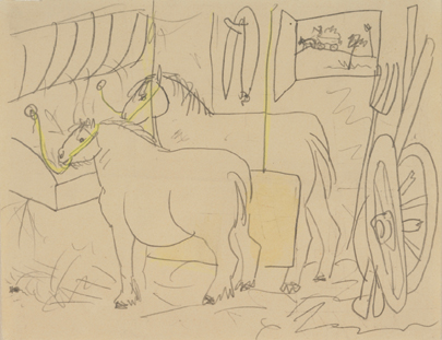  
 Pablo Ruiz Picasso, Chevaux (Caballos), s.a. L�piz y acuarela amarilla sobre papel, 22,5 x 18 cm. Colecci�n particular 