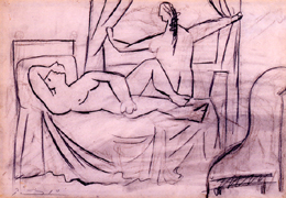 Pablo Ruiz Picasso, Femme couch&eacute;e et femme ouvrant les rideaux (Mujer acostada y mujer abriendo las cortinas), 1920