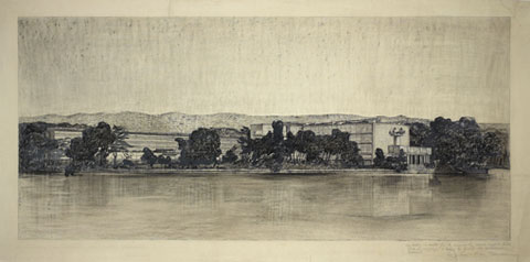 Le Corbusier y Pierre Jeanneret, perspectiva del proyecto del palacio de la Sociedad de Naciones desde el lago Lem&aacute;n, donde se aprecia el inter&eacute;s por su integraci&oacute;n en el paisaje, 1927. L&aacute;piz y carboncillo sobre papel, 73,7 x 185,3 cm. Fondation Le Corbusier, Par&iacute;s.