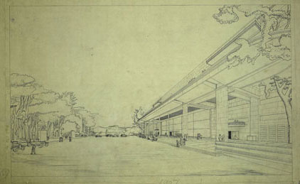 Le Corbusier y Pierre Jeanneret, perspectiva del exterior del edificio de la Gran sala de Asambleas del proyecto del palacio de la Sociedad de Naciones en el que puede verse el muelle de acceso con su marquesina, que define un paseo cubierto para los periodistas que acudan a las sesiones, 1927. Tinta china y l&aacute;piz sobre papel de calco, 59 x 94 cm. Fondation Le Corbusier, Par&iacute;s.