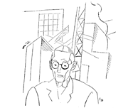 Caricatura de Le Corbusier realizada por Daniel V&aacute;zquez D&iacute;az y publicada en el Heraldo de Madrid, 12 de mayo de 1928. Hemeroteca Nacional, Madrid.