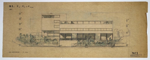 Le Corbusier y Pierre Jeanneret, alzado de las fachadas oeste de las dos casas de la colonia Weissenhof con sombreado, vegetaci&oacute;n y dimensiones, 1927. L&aacute;pices de colores y tinta china sobre papel de calco, 26,5 x 67 cm. Fondation Le Corbusier.