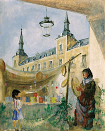 Eduardo Vicente, La Plaza Mayor en la fiesta de Navidad, hacia 1965. &Oacute;leo sobre t&aacute;blex, 100 x 79 cm