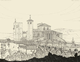 Fernando Ter&aacute;n, La catedral de Sig&uuml;enza vista desde el este, 1975. Dibujo a tinta negra sobre papel cebolla, 73,5 x 97 cm