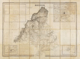 Francisco Coello, Plano de Madrid. Mapa formado por Francisco Coello. Aumentado con notas estad&iacute;sticas e hist&oacute;ricas por Pascual Madoz. Grabado en Madrid bajo la direcci&oacute;n de Juan Noguera, Madrid, 1847. Mapa realizado con diferentes documentos pegados sobre tela, 84 x 111 cm, plegado en 21 x 14 cm
