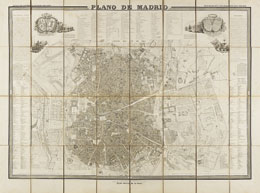Francisco Coello, Plano de Madrid. Mapa formado por Francisco Coello. Grabado en Madrid bajo la direcci&oacute;n de Juan Noguera; el contorno y la topograf&iacute;a por Decorbie y Leclercq; la letra por Bacot, Madrid, 1849. Mapa realizado con diferentes documentos pegados sobre tela, 84 x 111 cm, plegado en 21 x 14 cm